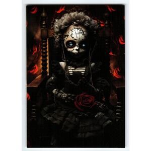 Creepy Gothic Doll Halloween Postcard with Red Rose & Blue Eyes